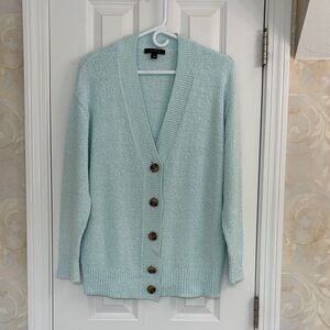Ann Taylor Soft Aqua V-neck Long Cardigan Sweater with Tortoise Buttons. EUC